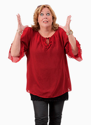 Karen-Marie in a stressed and resigned position